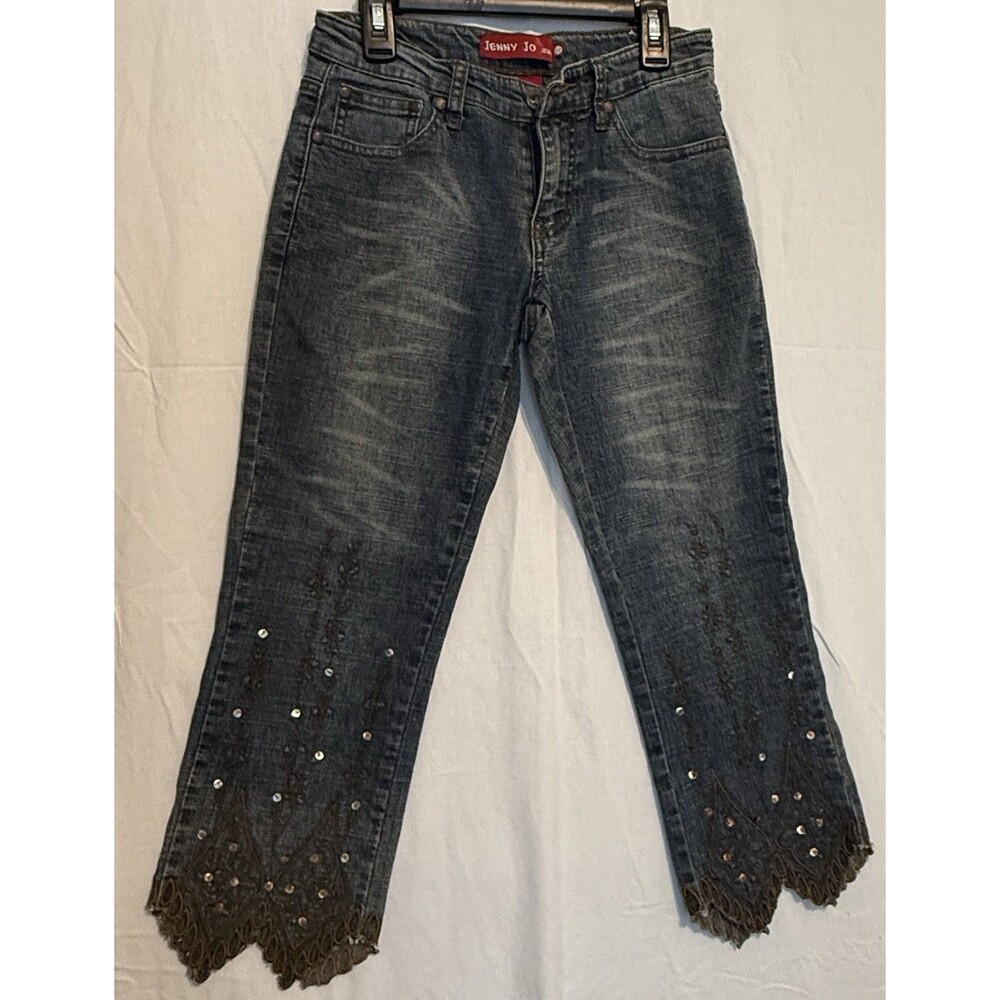 Jenny Jo Girls Blue Cropped Denim Jeans Size 1/2 Embroidered Rhinestone
